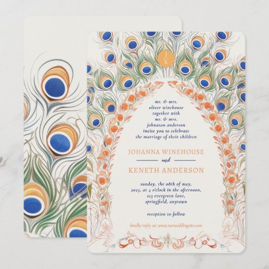 Kleurrijke pauwenboog | Monogram bruiloft Kaart (Voorkant / Achterkant)