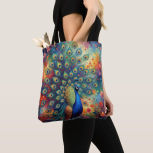 Kleurrijke Pauwveren en Bloemen Tote Bag