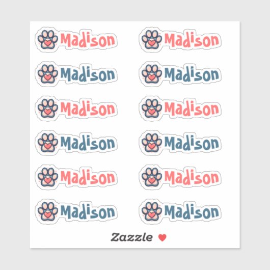 Kleurrijke Paw Print en Hart Aangepaste Naam Label (Vel)