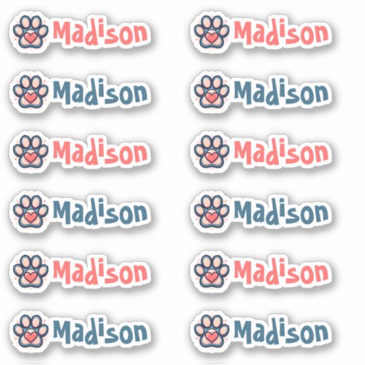 Kleurrijke Paw Print en Hart Aangepaste Naam Label (Voorkant)