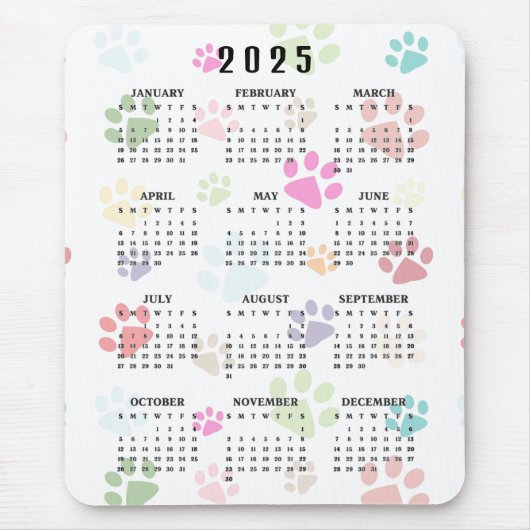 Kleurrijke Paw Prints 2025 Kalender Mousepad Muismat (Voorkant)