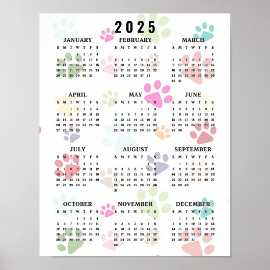 Kleurrijke Paw Prints 2025 Muurkalender (Voorkant)