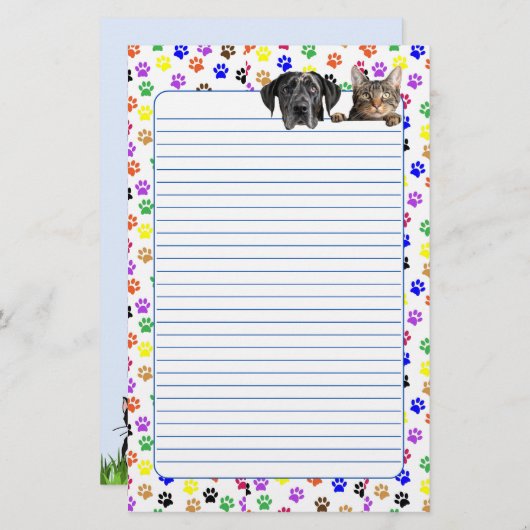 Kleurrijke Paw Prints met Hond en Kat Lined Briefpapier (Voorkant / Achterkant)