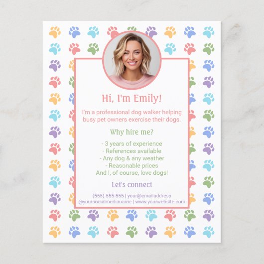 Kleurrijke Paws Custom Photo Dog Walker Services Flyer (Voorkant)