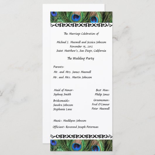 Kleurrijke Peacock Feather Wedding Program Programmakaart (Voorkant / Achterkant)
