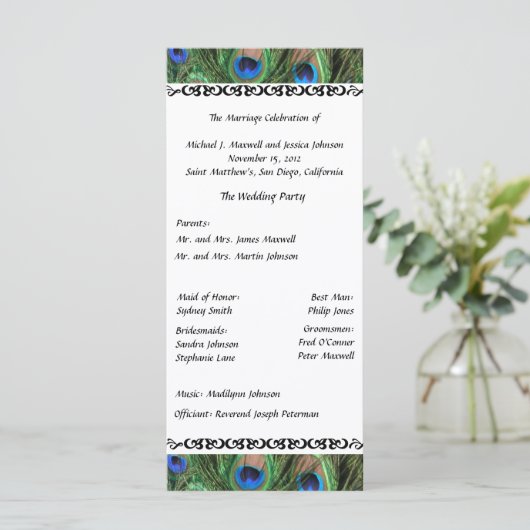 Kleurrijke Peacock Feather Wedding Program Programmakaart (Staand voorkant)