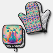 Kleurrijke peer ovenwant & pannenlap set (Voorkant / Achterkant)