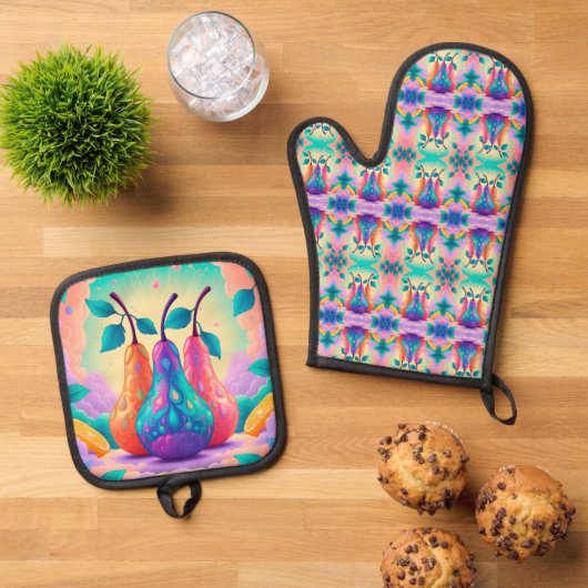 Kleurrijke peer ovenwant & pannenlap set (Top down)