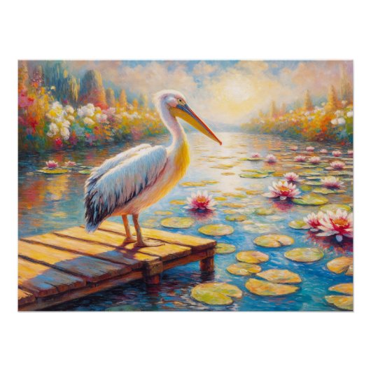 Kleurrijke Pelican en Lily Pads Decoupage Perfect Poster (Voorkant)