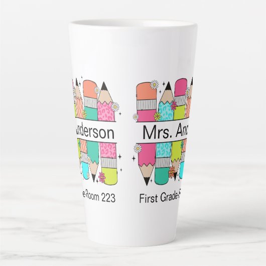 Kleurrijke Pencil Teacher Naam Latte Mok (Voorkant)