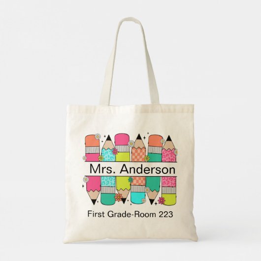 Kleurrijke Pencil Teacher Name Classroom Tote Bag (Achterkant)