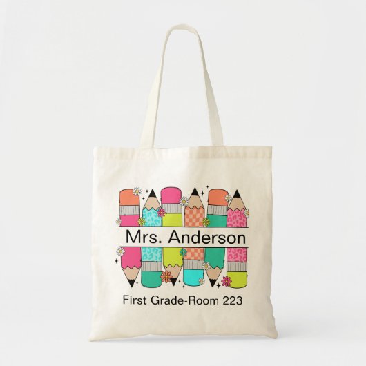 Kleurrijke Pencil Teacher Name Classroom Tote Bag (Voorkant)