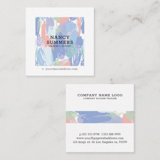 Kleurrijke penseelstreken & krabbels patroon vierkante visitekaartje (Voorkant / Achterkant)