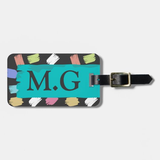 Kleurrijke penseelstreken op zwart patroonmonogram bagagelabel (Voorkant horizontaal)