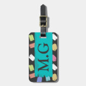 Kleurrijke penseelstreken op zwart patroonmonogram bagagelabel (Voorkant verticaal)