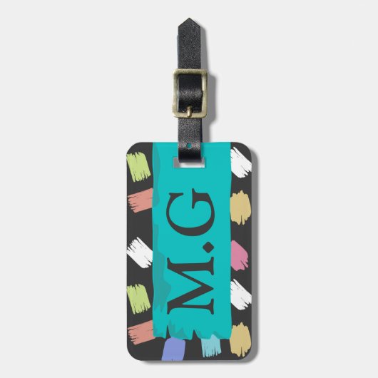 Kleurrijke penseelstreken op zwart patroonmonogram bagagelabel (Voorkant verticaal)