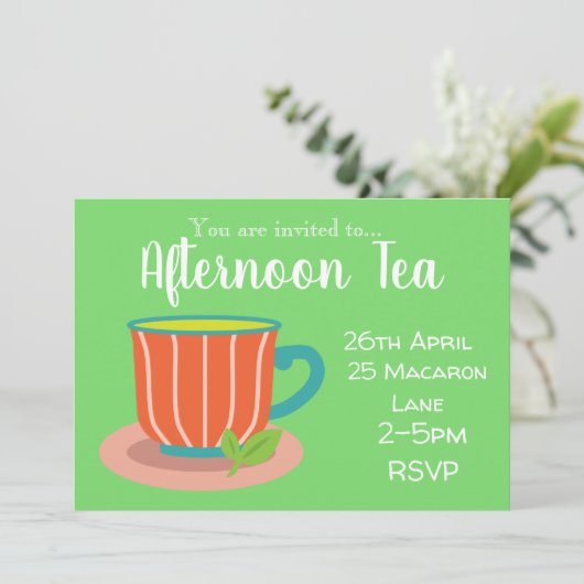 Kleurrijke pepermunt thee afternoon tea party kaart (Staand voorkant)