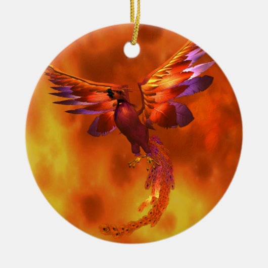 Kleurrijke Phoenix die tegen een vurige achtergron Keramisch Ornament (Voorkant)