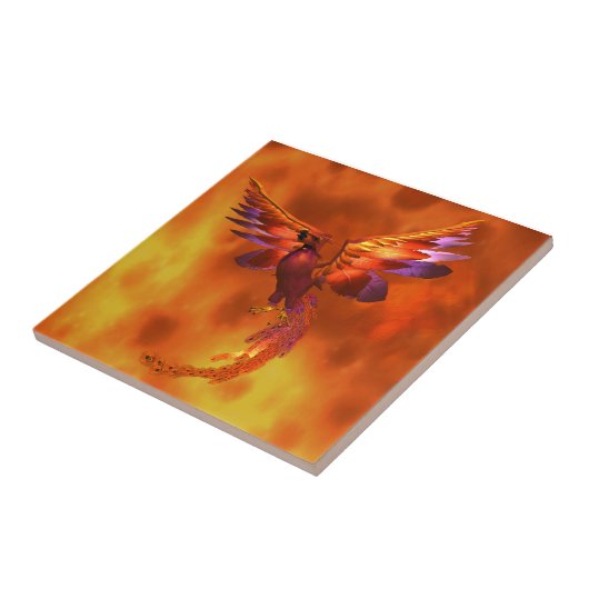 Kleurrijke Phoenix die tegen een vurige achtergron Tegeltje (Zijkant)