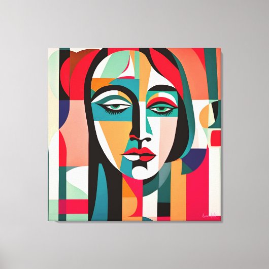 KLEURRIJKE PICASSO STIJL KUBIST PORTRET VROUW CANVAS AFDRUK (Voorkant)