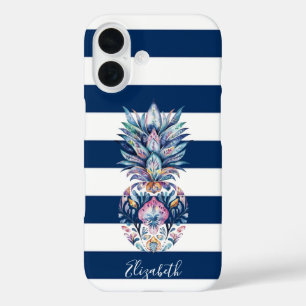 Kleurrijke Pineapple ,Navy Blauw Gestreept iPhone 16 Hoesje