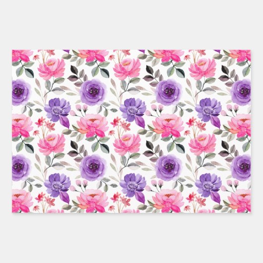 Kleurrijke Pinks en Paarse Waterverf Bloemen Inpakpapier Vel (Voorkant 3)