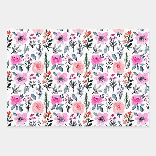 Kleurrijke Pinks en Paarse Waterverf Bloemen Inpakpapier Vel (Voorkant)