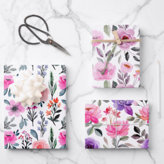 Kleurrijke Pinks en Paarse Waterverf Bloemen Inpakpapier Vel