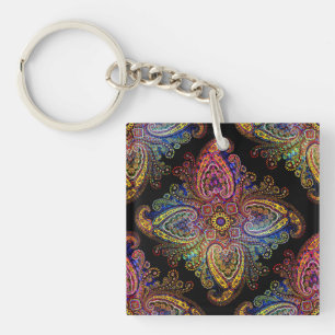 Kleurrijke Pinweel Paisley op Zwart Sleutelhanger