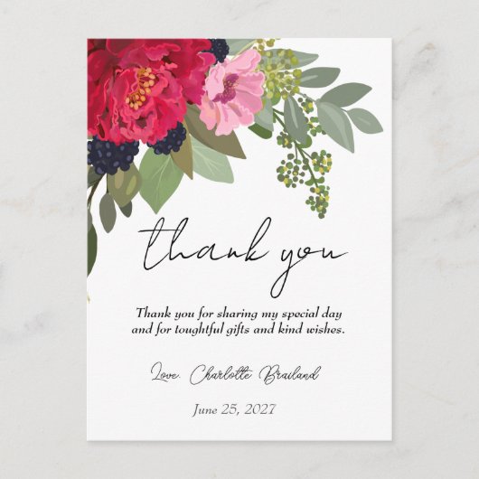 Kleurrijke Pioen Bloem Bruiloft Dank Je Briefkaart (Voorkant)