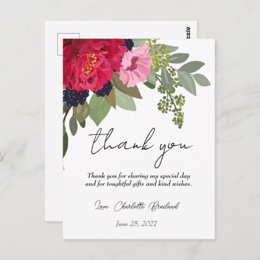 Kleurrijke Pioen Bloemrijke Bruiloft Dank Je Briefkaart (Voorkant / Achterkant)