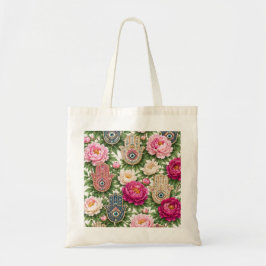 Kleurrijke Pioen Hamsa Hand Boze Oog Bloemmotief Tote Bag