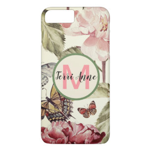 Kleurrijke Pioenbloemen en Vlinders met Initiaal iPhone 8/7 Plus Hoesje