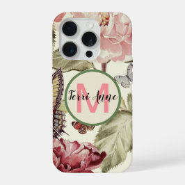 Kleurrijke Pioenbloemen en Vlinders met Initiaal iPhone 15 Pro Case