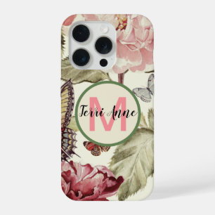 Kleurrijke Pioenbloemen en Vlinders met Initiaal iPhone 15 Pro Case