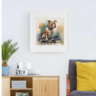 Kleurrijke pitbul zittend op skateboard poster