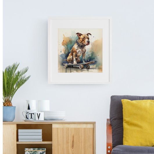 Kleurrijke pitbull zittend op skateboard poster