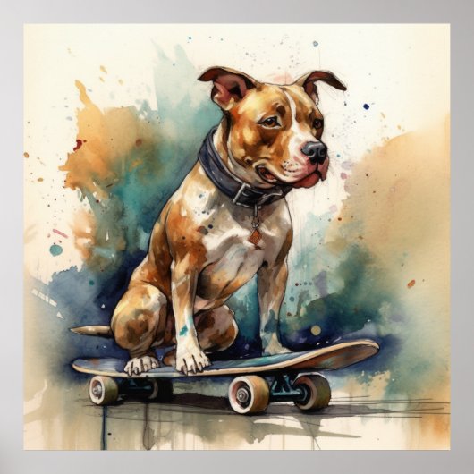 Kleurrijke pitbull zittend op skateboard poster (Voorkant)