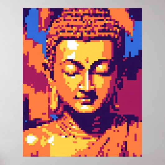 Kleurrijke Pixel Art | Mediterende Boeddha Poster (Voorkant)