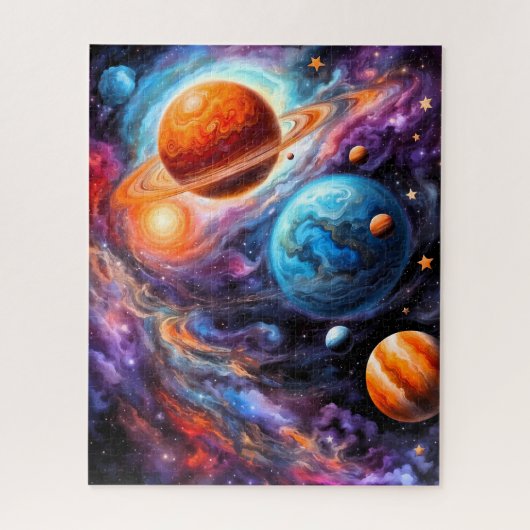 Kleurrijke planeten en geringde planeetruimte legpuzzel (Verticaal)