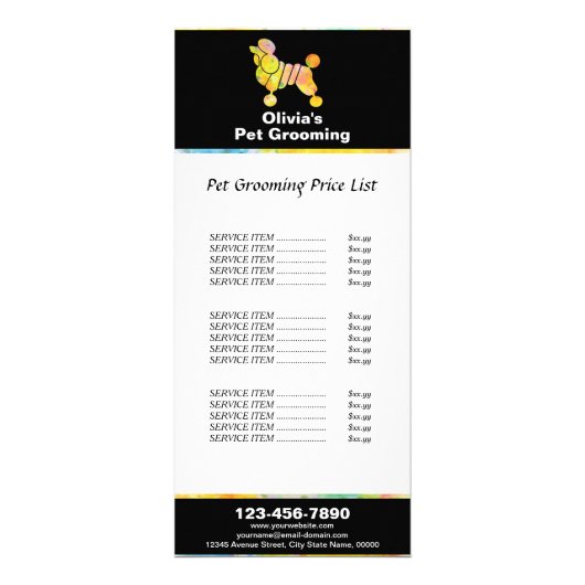 Kleurrijke Poedel Pet Grooming prijslijst Reclamekaart (Voorkant)