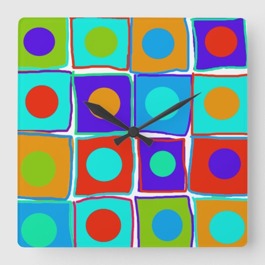 Kleurrijke poka Dots & Squares Art Clock Ronde Klok (Voorkant)