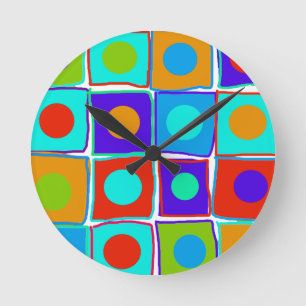 Kleurrijke poka Dots & Squares Art Clock Ronde Klok