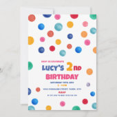 Kleurrijke Polka Dot 2e verjaardag Uitnodiging (Voorkant)