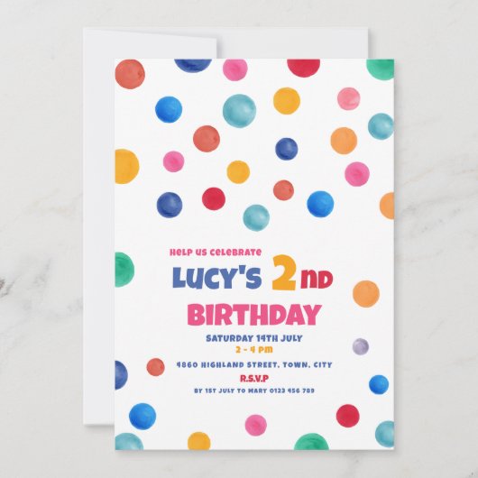 Kleurrijke Polka Dot 2e verjaardag Uitnodiging (Voorkant)
