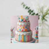 KLEURRIJKE POLKA DOT CAKE 1E VERJAARDAG KAART (Staand voorkant)