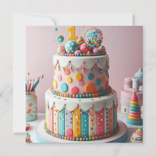 KLEURRIJKE POLKA DOT CAKE 1E VERJAARDAG KAART (Voorkant)