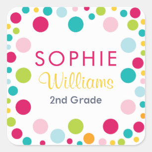 Kleurrijke Polka Dots Naam School Labels