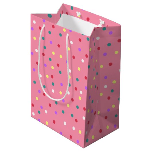 Kleurrijke Polka Dots op Roze Medium Cadeauzakje (Achterkant Gekanteld)