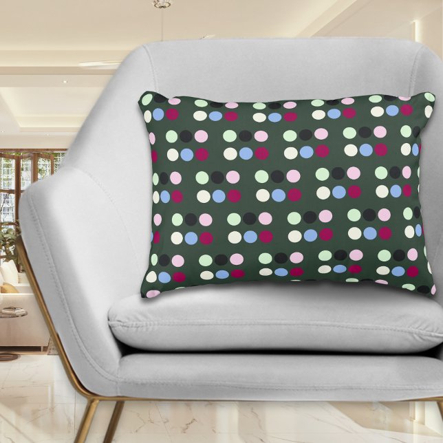Kleurrijke Polka Dots Stijlvol Modern Accent Kussen (A modern and stylish accent pillow, with multicolor polka dots pattern on a dark green background)